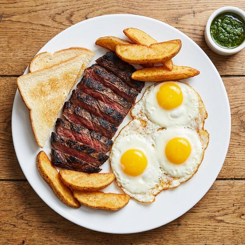 Redondos all-day brunch country steak and eggs with grilled churrasco three sunny eggs potato wedges toast and chimichurri