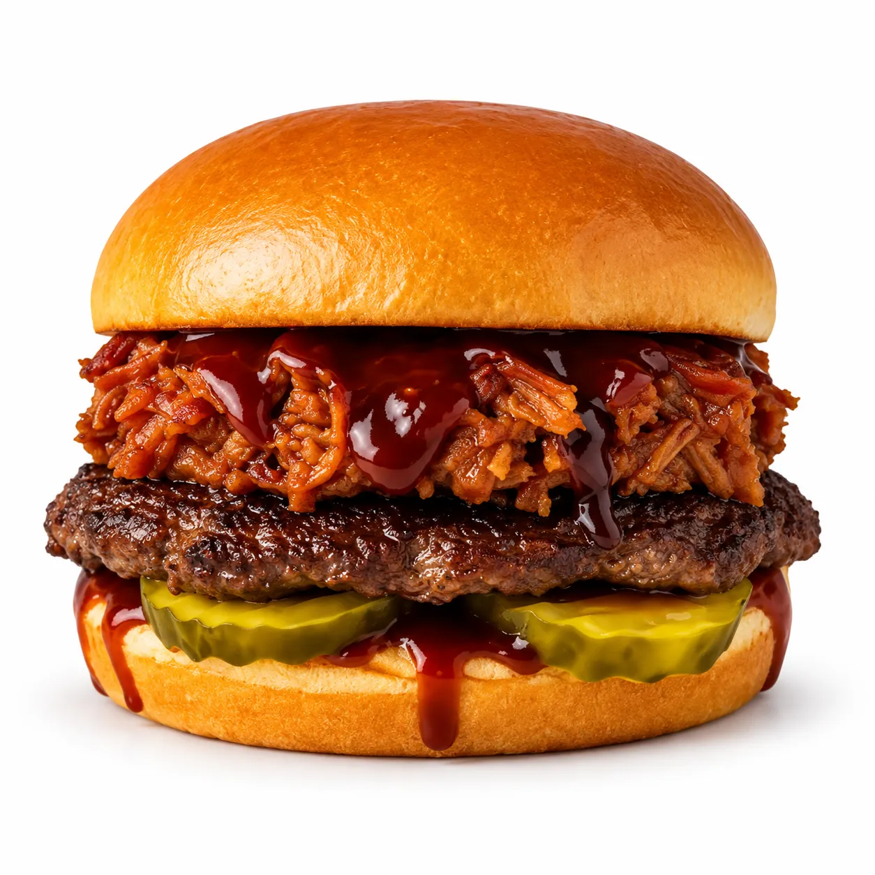 BBQ smash burger with pulled pork, pickles and BBQ sauce at Redondos Miami on Bird Road