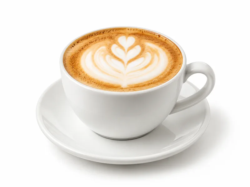 Cappuccino with latte art in a white cup and saucer at Redondos Miami