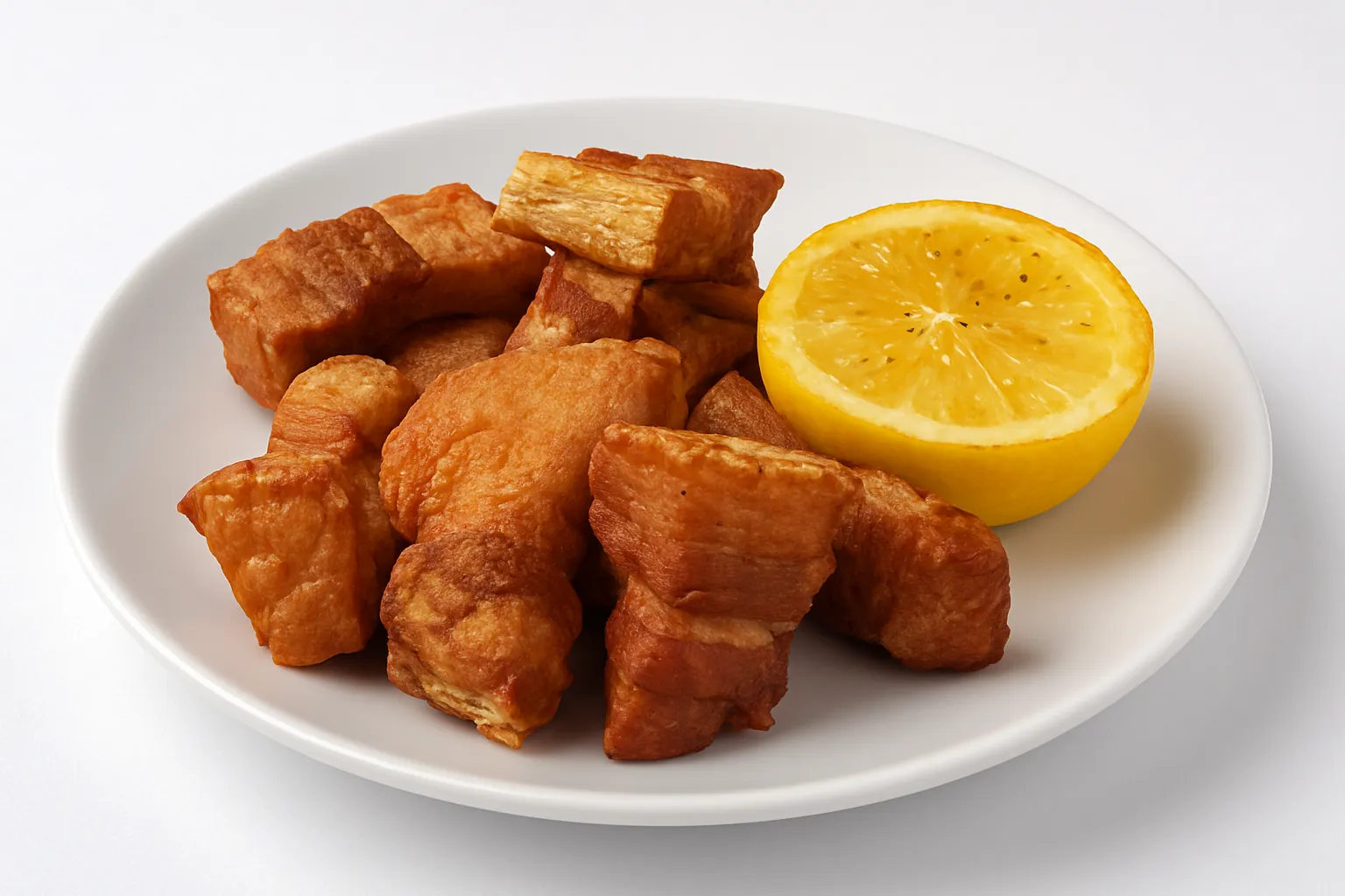 Chicharrones, crispy pork belly bites with lemon wedges, at Redondos Miami on Bird Road