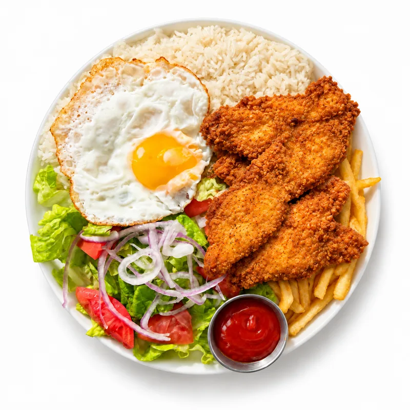 Breaded chicken milanesa platter with rice, fried egg, salad and fries at Redondos Miami