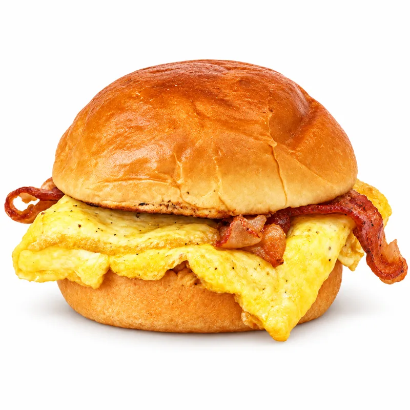 Egg and bacon breakfast sandwich on a golden brioche bun at Redondos Miami