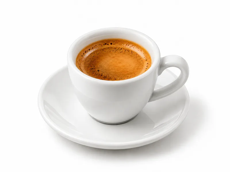Espresso in a white porcelain cup and saucer at Redondos Miami