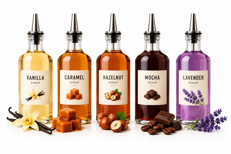 Vanilla, caramel, hazelnut, mocha and lavender coffee syrups at Redondos Miami