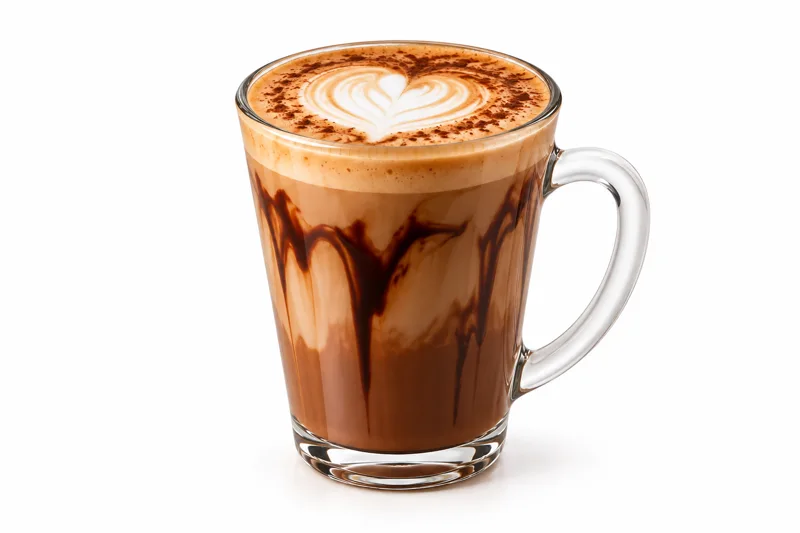 Mochaccino with chocolate drizzle and latte art in a glass mug at Redondos Miami