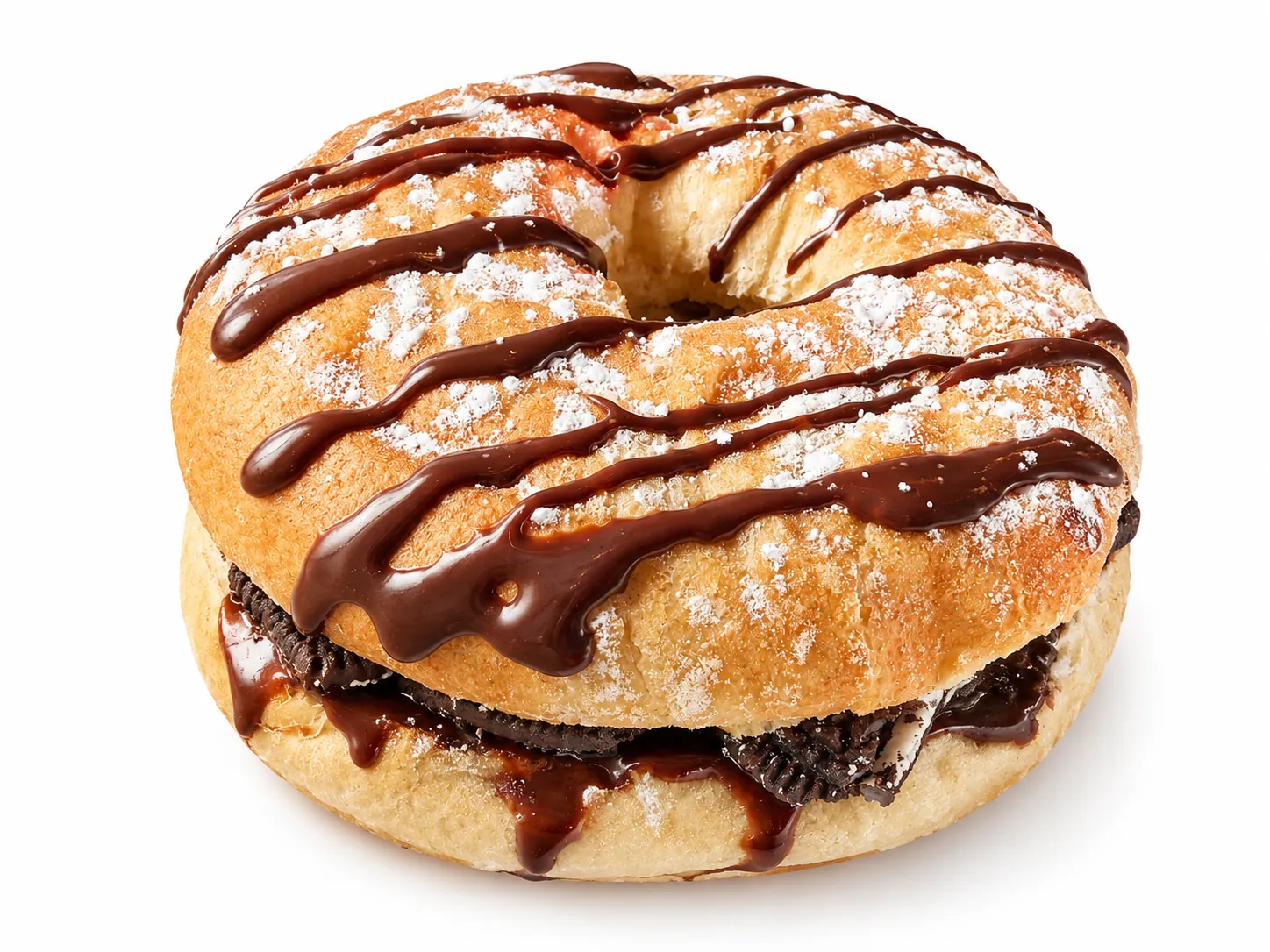 Pan cristal bagel filled with Nutella and Oreo cookies at Redondos Miami on Bird Road