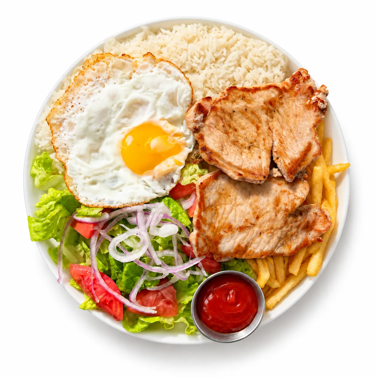 Grilled pork loin platter with rice or quinoa and fries at Redondos Miami on Bird Road