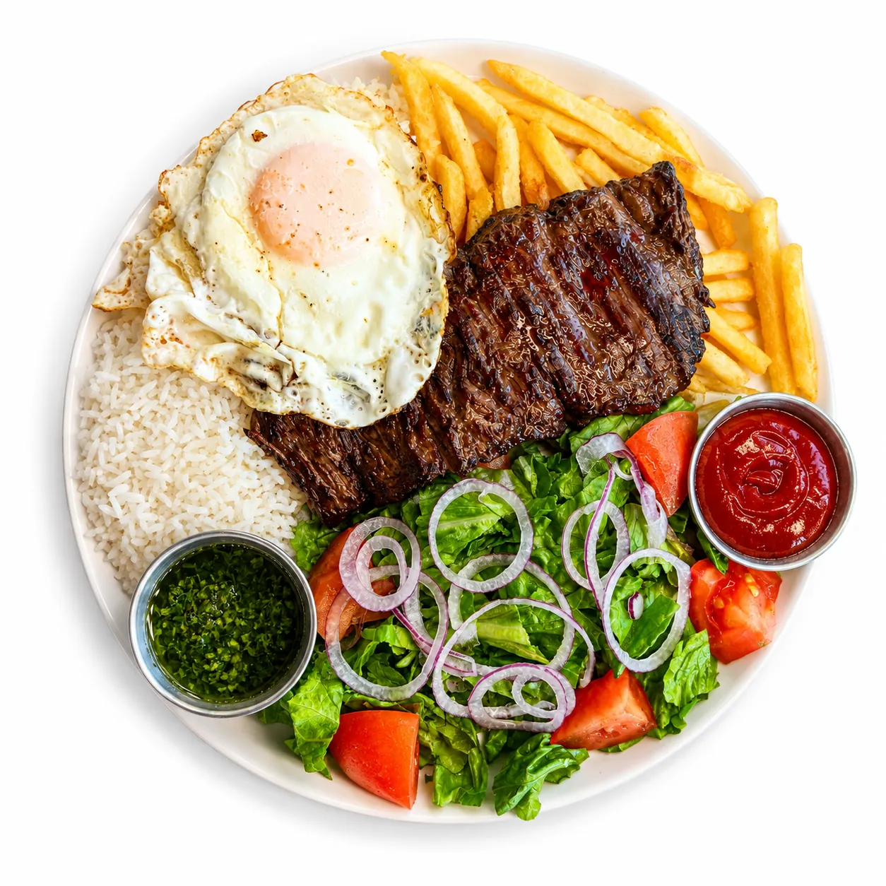 Grilled sirloin steak platter with rice or quinoa and fries at Redondos Miami on Bird Road