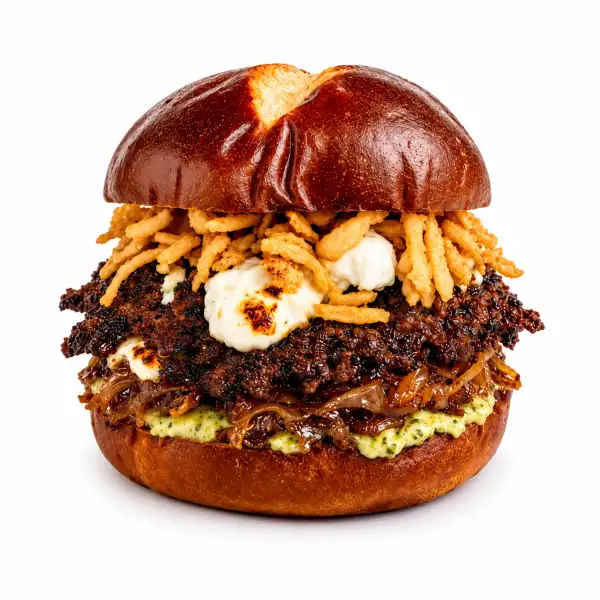 Goat Smash burger with goat cheese, crispy onions and pesto aioli at Redondos Miami on Bird Road