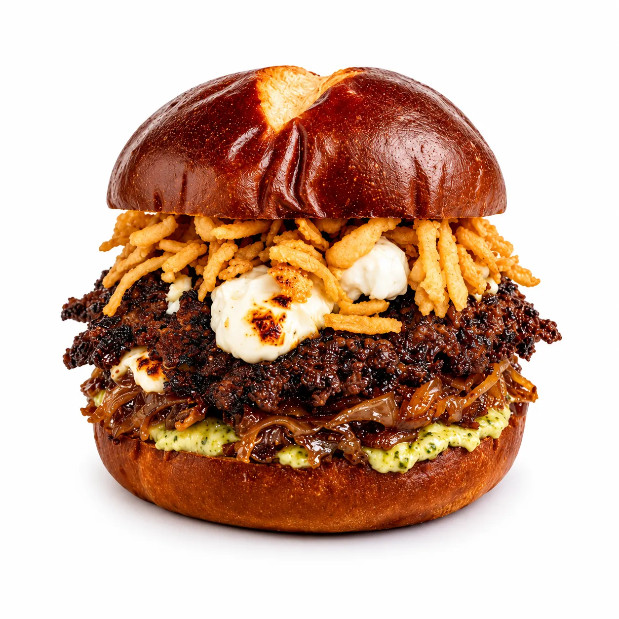 Goat Smash burger with goat cheese, crispy onions and pesto aioli at Redondos Miami on Bird Road
