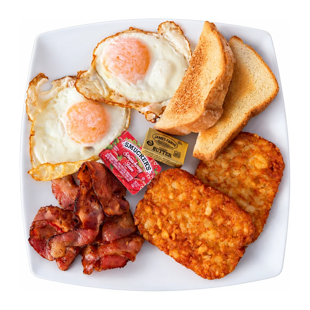 Good Morning breakfast with eggs, bacon, hash browns and toast at Redondos Miami on Bird Road